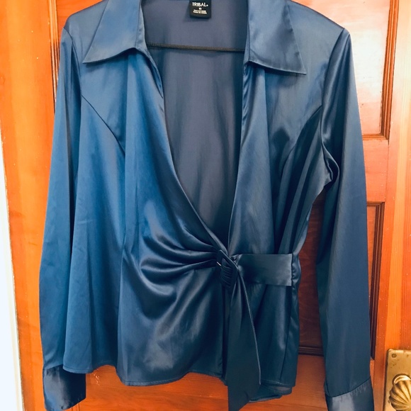 Royal Blue Satin Tie-Front Blouse - Picture 1 of 7